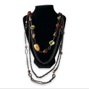 Bohemian Multi Strand Extra Long Chain Shell and Faux Stone Necklace